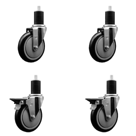 Service Caster 5'' Black Poly Wheel Swivel 1-3/4'' Expanding Stem Caster Set 2 Brakes, 4PK SCC-EX20S514-PPUB-BLK-2-PLB-2-134